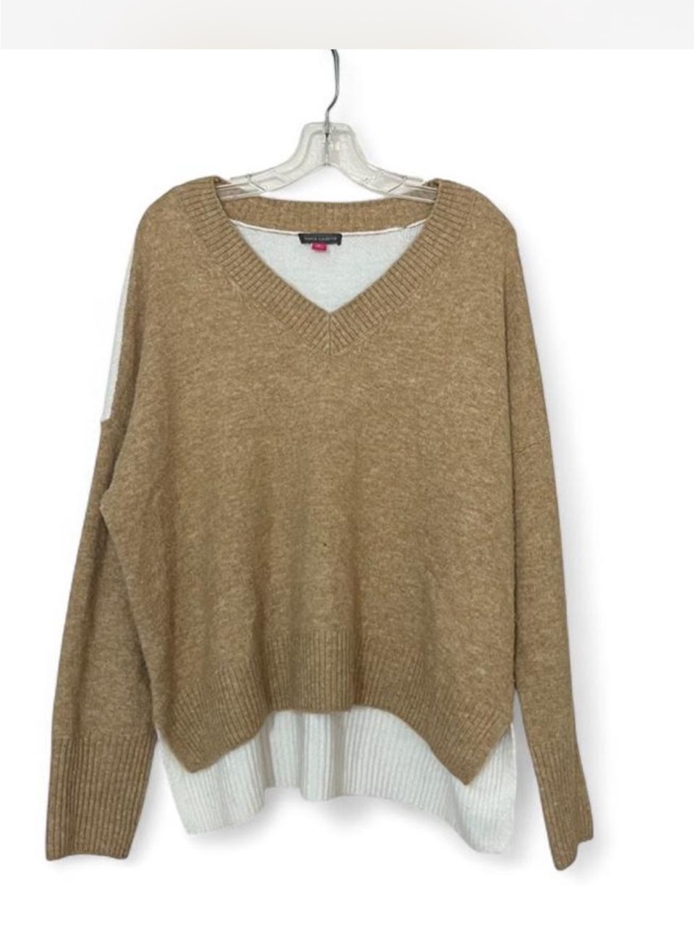 Preppy Tan and white color block cozy sweater with beige and white ribbed Knit